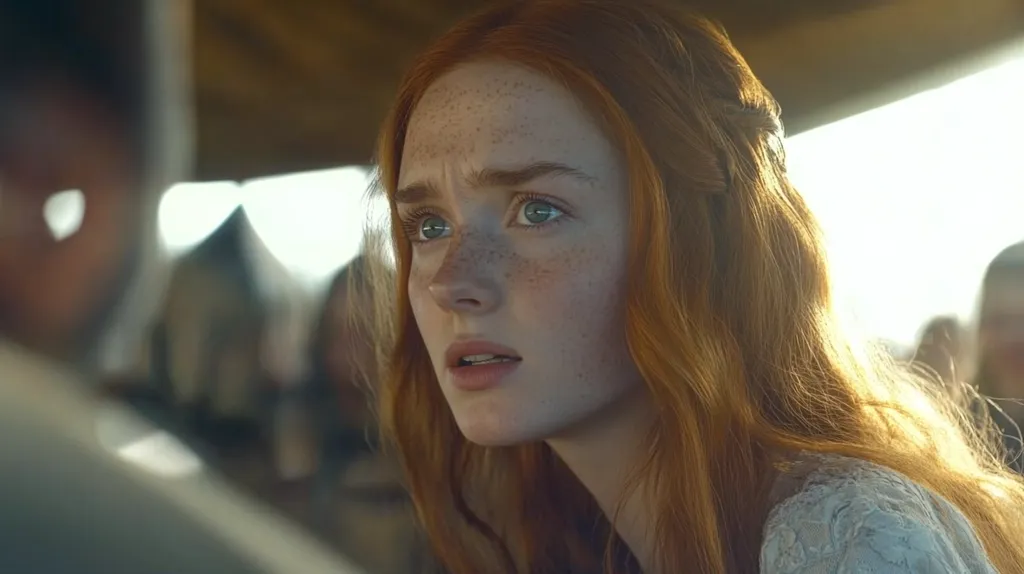 A young woman with long, flowing red hair looks to the side with a slightly worried expression. Her face is covered in freckles and the light catches her hair, giving it a golden glow. She is wearing a white lace top and the background is blurred, focusing attention on her face.