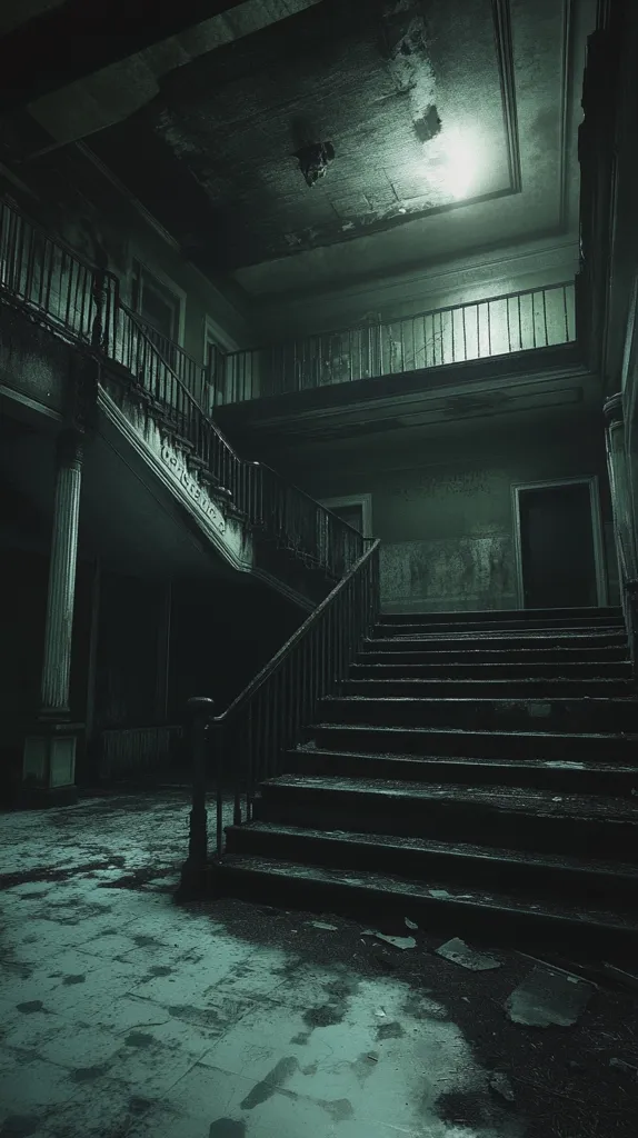 The image shows a dark and eerie interior of a building. A long staircase leads upwards with a black iron railing. The walls are covered in peeling paint and the floors are dusty. A single lightbulb casts a dim glow on the scene. The overall atmosphere is one of decay and neglect.