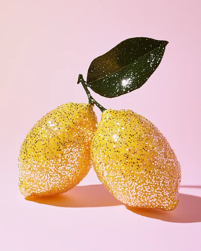 Two sparkling lemons with a single green leaf are positioned on a pink background. The lemons are covered in a layer of glittery yellow, catching the light and creating a vibrant and cheerful feel. The image is minimalist and has a playful, almost whimsical feel.