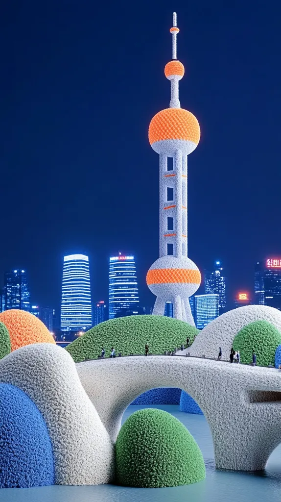 A stylized image of a cityscape at night, featuring a tall tower with an orange and white patterned top, surrounded by fuzzy green, white, and blue hills. The tower appears to be made of small, densely packed spheres, creating a textured look.  In the background, there are several skyscrapers with glowing windows.  A white bridge arches over the hills, with tiny figures walking on it. The image is illuminated by a deep blue sky, suggesting nighttime.  The overall effect is whimsical and dreamlike.