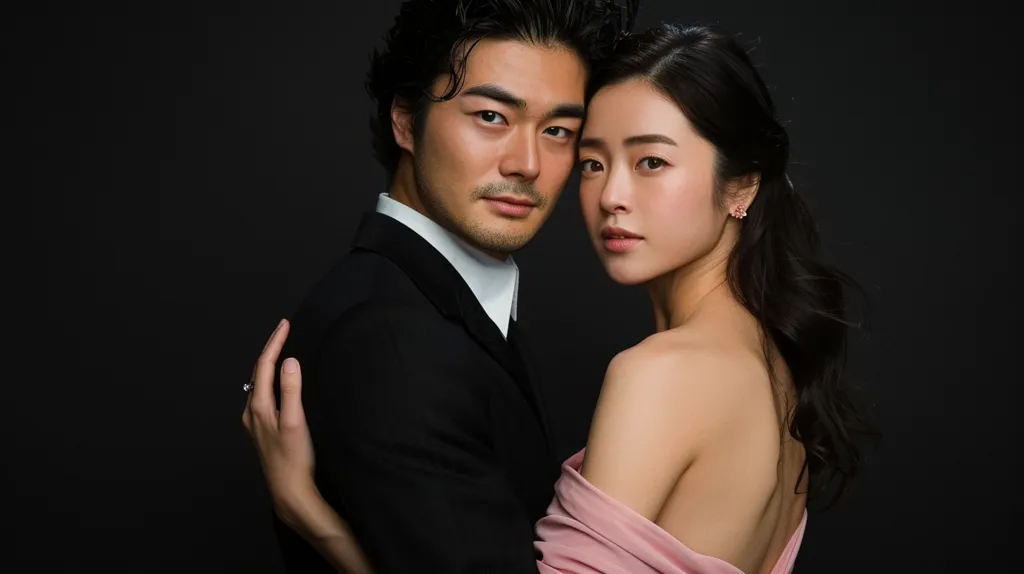 A man and a woman stand close together against a black background. The man is wearing a black suit and the woman is wearing a pink dress. The woman is looking directly at the camera and the man is looking at her. The man's arm is around the woman's waist, and her hand is resting on his shoulder. The woman's hair is long and black and falls down her back. The man's hair is short and black. The couple looks close and intimate.
