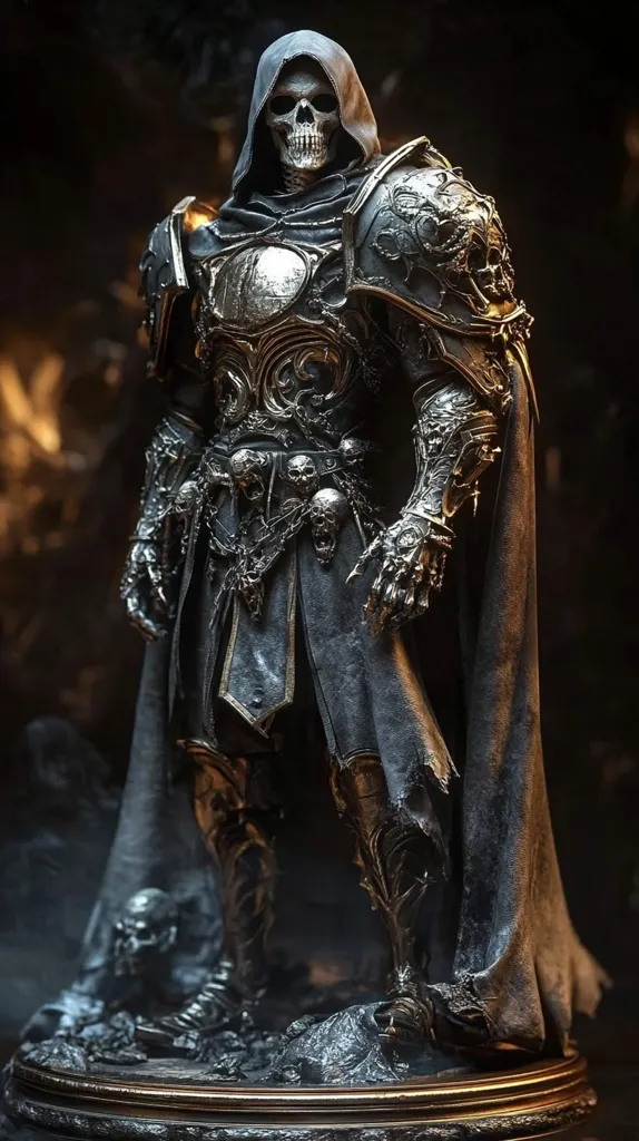 A skeletal knight stands tall in a dramatic pose, clad in ornate armor and a flowing black cloak. The knight's skull is exposed, revealing a menacing grin. The figure's armor is intricate and detailed, featuring intricate patterns and skulls as decoration. The knight stands on a dark base, creating a sense of mystery and power. The image evokes a sense of darkness, danger, and the unknown.