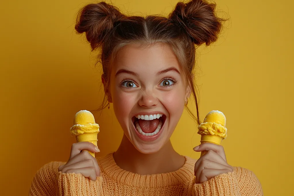 A young woman with her hair in two buns is holding two yellow ice cream cones. She is smiling brightly with her mouth open, showing her teeth. The background is a bright yellow wall. The photo is a playful and fun image of a happy person enjoying a treat.