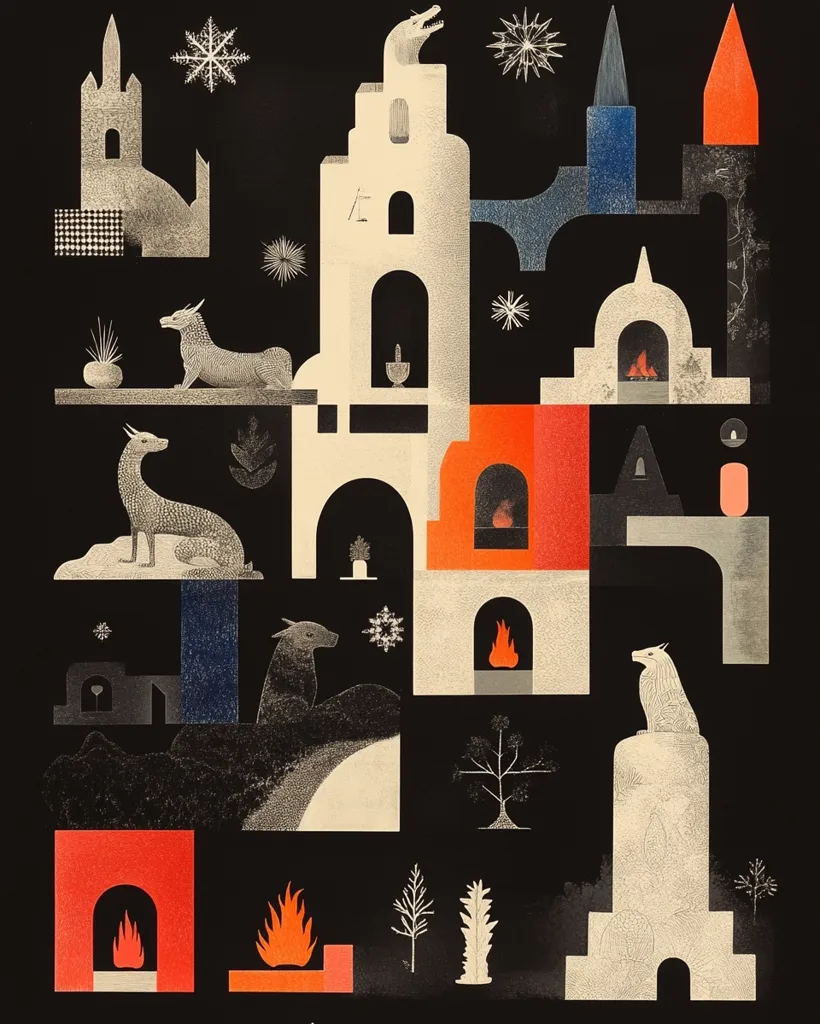The image features a black background with white and red geometric shapes resembling buildings.  There are small details such as flames, flowers, and stylized animals in the background.  The overall image is an abstract depiction of a city.