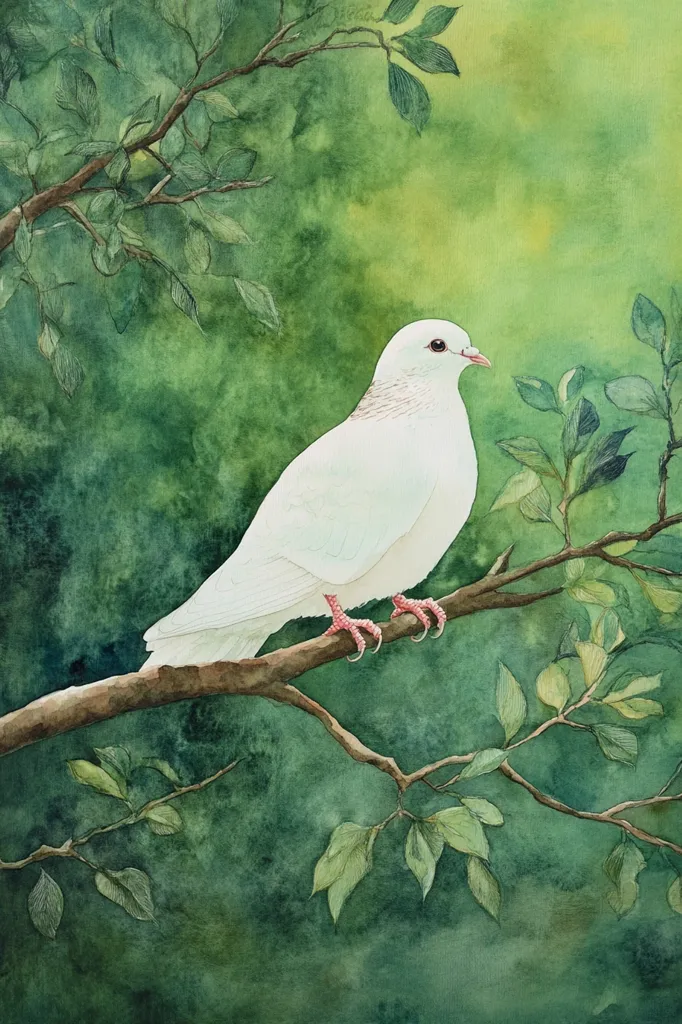 A white dove with pink feet perches on a branch of a leafy tree, its head turned to the right. The background is a soft green, painted in watercolor, creating a peaceful and serene atmosphere. The dove's white feathers stand out against the green foliage, symbolizing purity and tranquility.  The painting evokes a sense of hope and renewal.