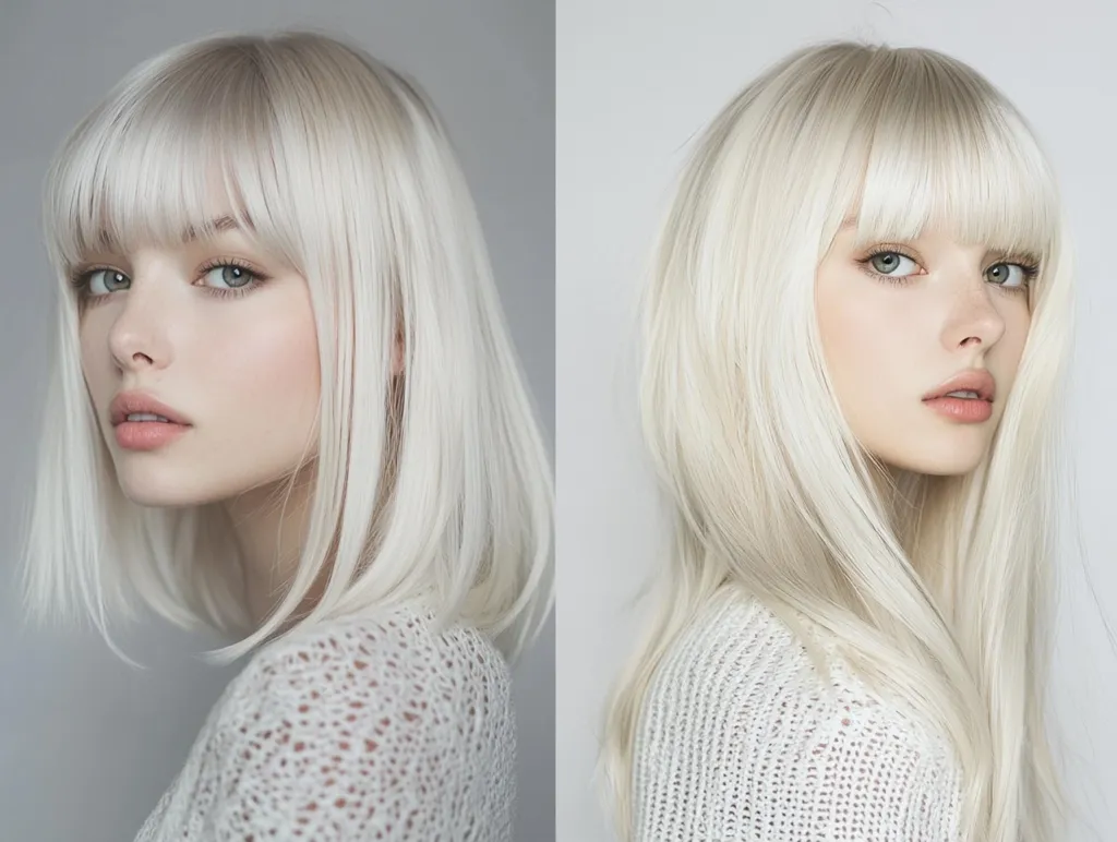 The image shows a young woman with long, platinum blonde hair and a blunt fringe. Her hair is styled straight and parted on the side. She is wearing a white knit sweater and has a neutral expression on her face. The background is a light gray, creating a simple and minimalist aesthetic.  Her eyes are a soft brown, and her lips are painted in a light pink shade. The image is split into two, with the woman's face and hair shown on each side. The lighting is soft and even, highlighting her delicate features.