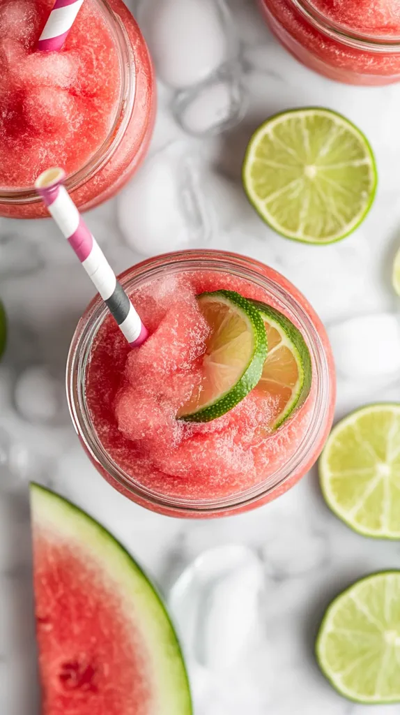 A refreshing summer drink made with watermelon and lime. The bright pink watermelon slushie is topped with lime slices and a striped straw. It sits on a marble surface with other watermelon and lime slices nearby. The drink is perfect for a hot summer day.