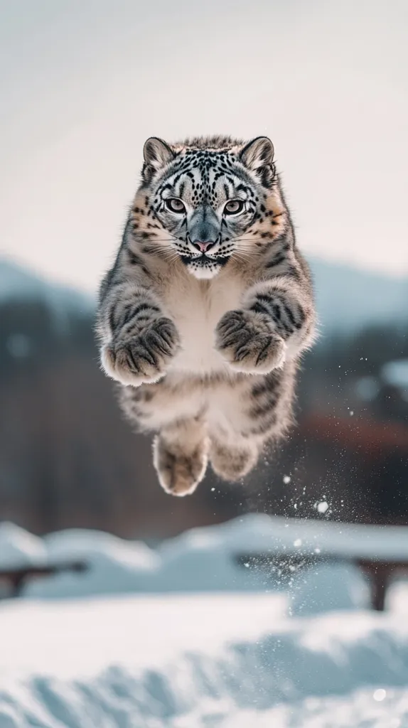 A snow leopard leaps through the air, its paws extended and its body arched. The background is out of focus, highlighting the animal's graceful movement. The leopard's white fur contrasts sharply with the snowy landscape, making it appear almost ethereal. The image captures the beauty and power of this endangered species.