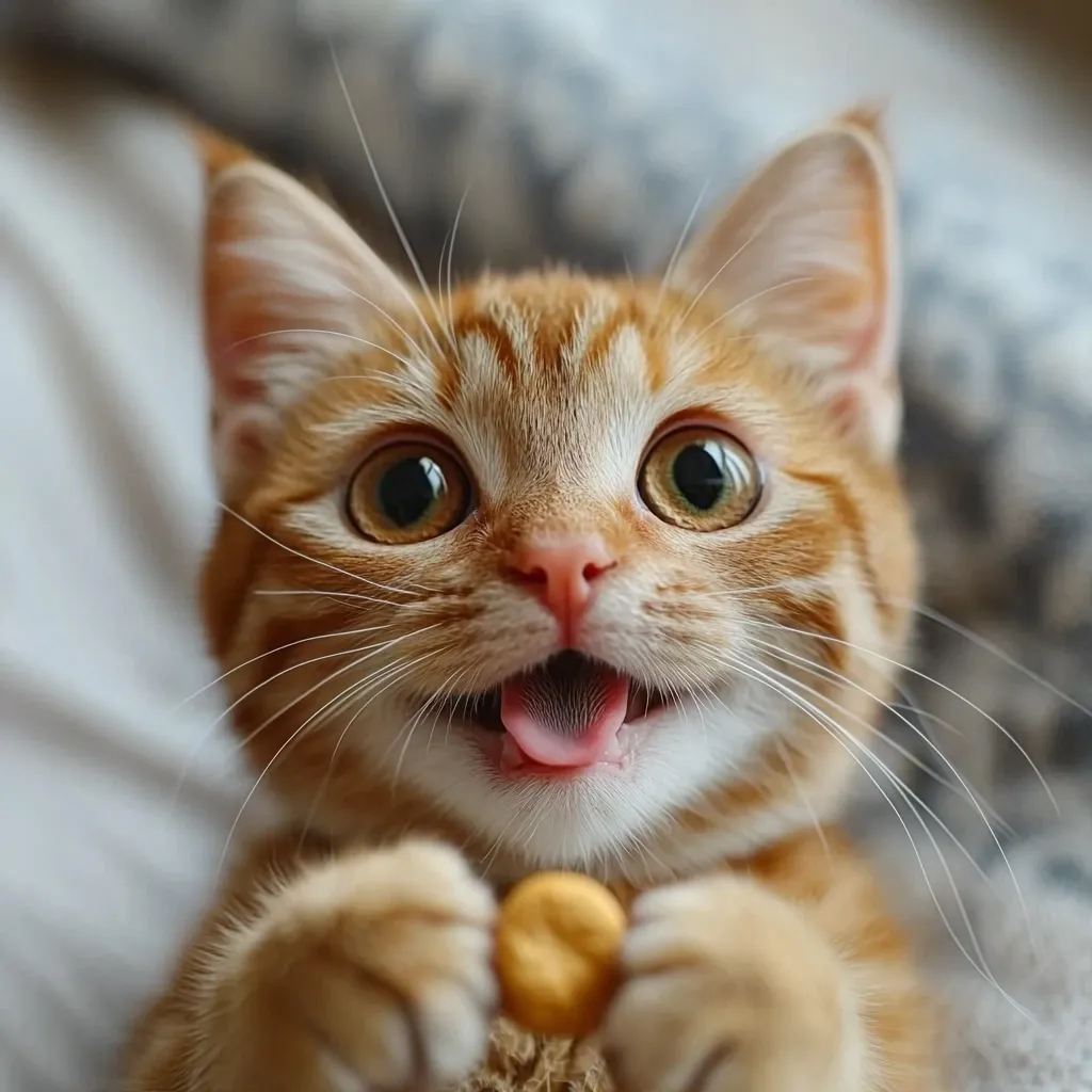 A close-up of a ginger cat with wide, round eyes, its mouth open in a joyful expression, tongue out. It is holding a small round treat in its paws. The cat's fur is soft and fluffy, and its face is framed by white fur. The background is blurred, focusing attention on the cat's happy face. The image captures a moment of pure feline delight.