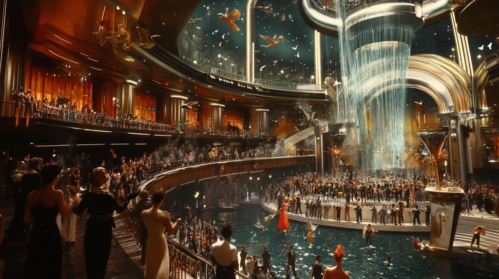 A large, opulent hall with a central fountain, surrounded by balconies filled with guests. The hall is decorated with intricate details and golden accents, with a large chandelier hanging from the ceiling. The scene is illuminated by warm lighting, creating a festive and luxurious atmosphere. The guests are dressed in formal attire, suggesting a celebratory occasion. The focus of the scene is the central fountain, which serves as a focal point for the gathering. The image depicts a lavish and sophisticated event, emphasizing wealth and grandeur.