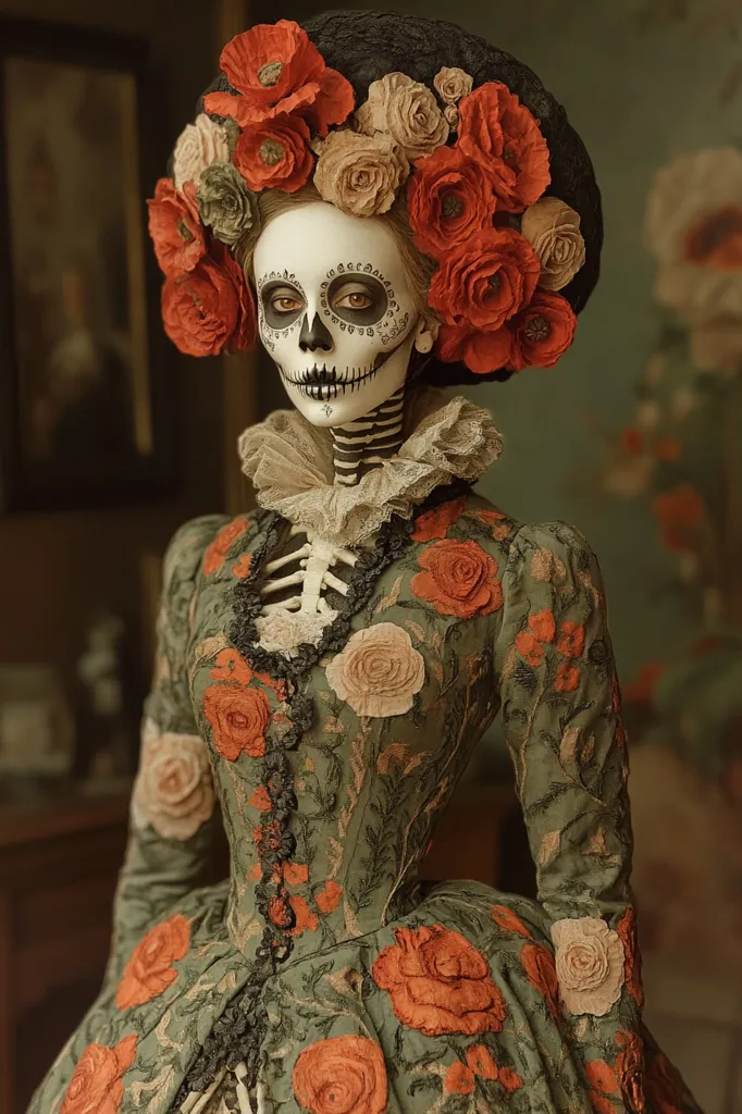 A woman with a Day of the Dead skull makeup and a large floral headpiece, adorned with red and cream flowers, stands in a vintage setting. She wears a long, green gown with intricate floral embroidery, creating a dramatic and captivating contrast between life and death. The overall tone is both celebratory and melancholy, evoking the spirit of Dia de Muertos.
