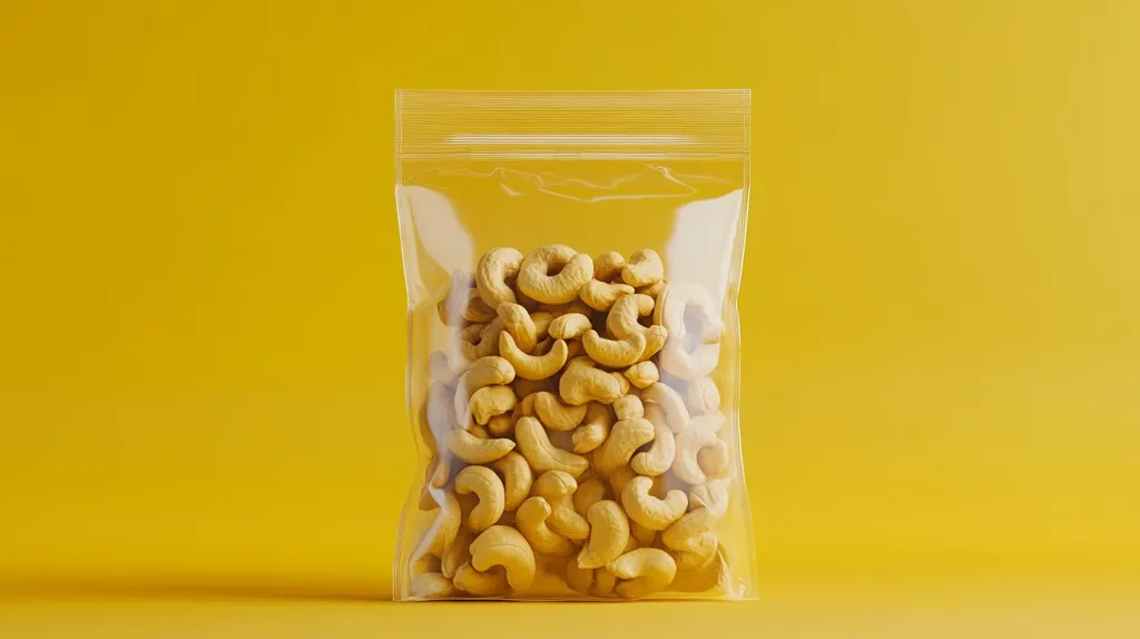 A clear plastic bag filled with cashew nuts sits on a yellow surface. The bag is sealed at the top and the cashews are visible through the clear plastic. The bright yellow background highlights the warm color of the cashews. The image is simple and straightforward, conveying a sense of snacking and deliciousness.