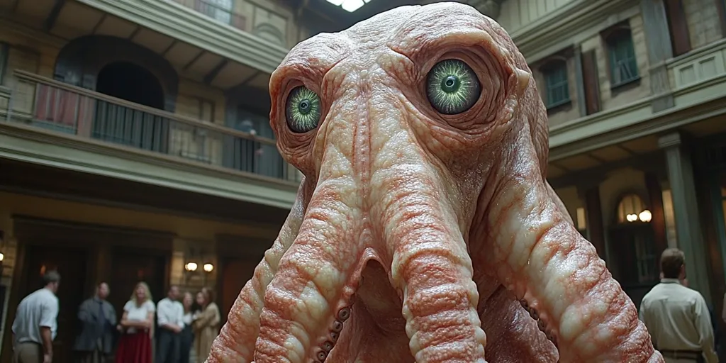 A close-up of a monstrous, fleshy, pink creature with large, green eyes.  The creature has a wrinkled, textured skin and is positioned in front of a grand building with a large, arched doorway.  The background of the image is blurry with figures out of focus.  The creature appears to be looking forward, its eyes wide and unblinking.