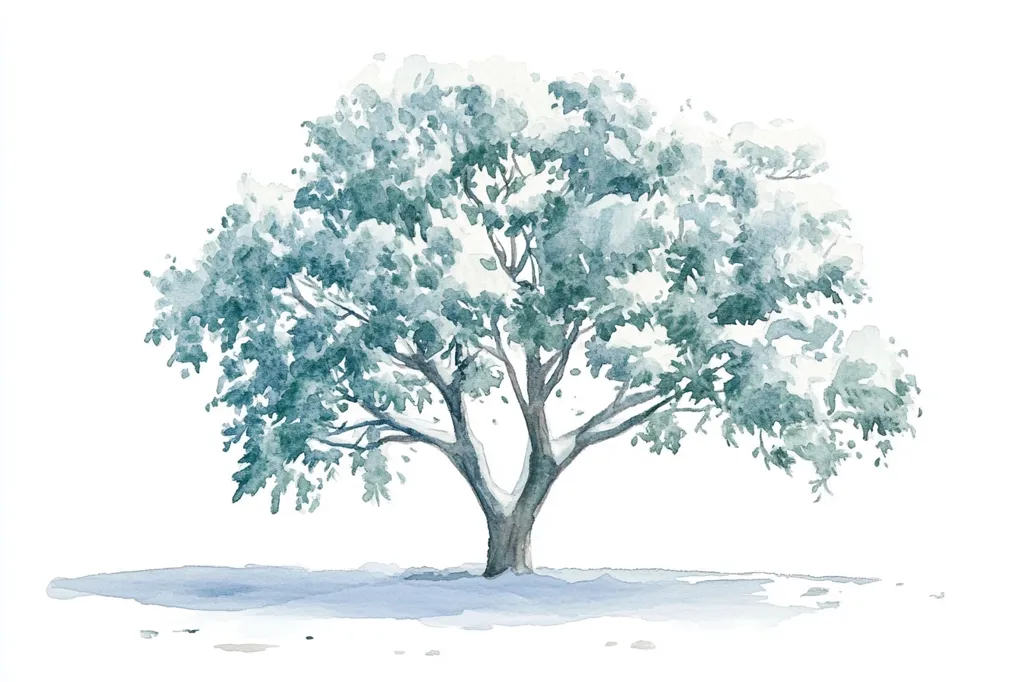The image is a watercolor painting of a single tree. The tree is depicted with a thick trunk and branches that spread out in a wide canopy. The leaves are a soft blue-green color, and the tree is surrounded by a light blue wash of color that suggests the ground. The painting has a delicate and whimsical style, with a sense of peace and tranquility.
