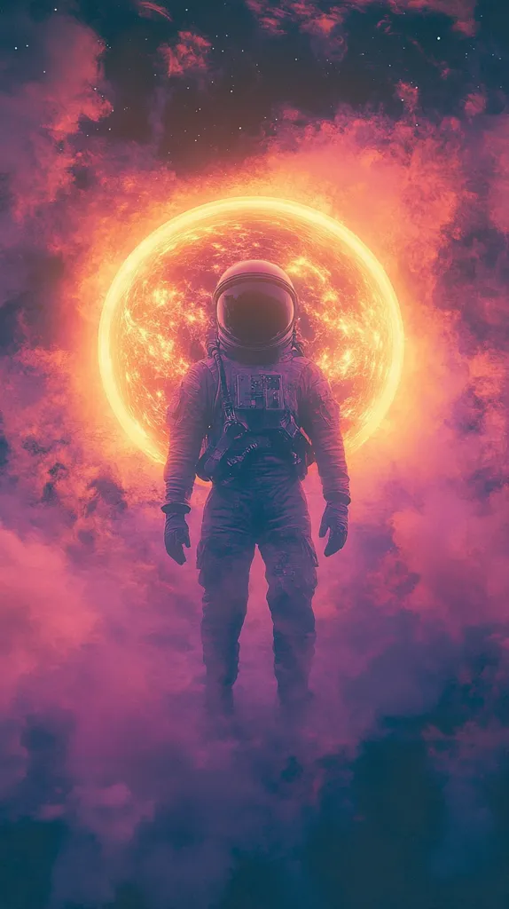 The image depicts an astronaut standing in front of a large, fiery celestial body, possibly a star or a planet. The astronaut is silhouetted against the bright, fiery background, and the scene is filled with a sense of mystery and awe. The colors are vibrant and contrasting, with shades of red, orange, and purple dominating the composition. The image evokes a sense of exploration, vastness, and the unknown.