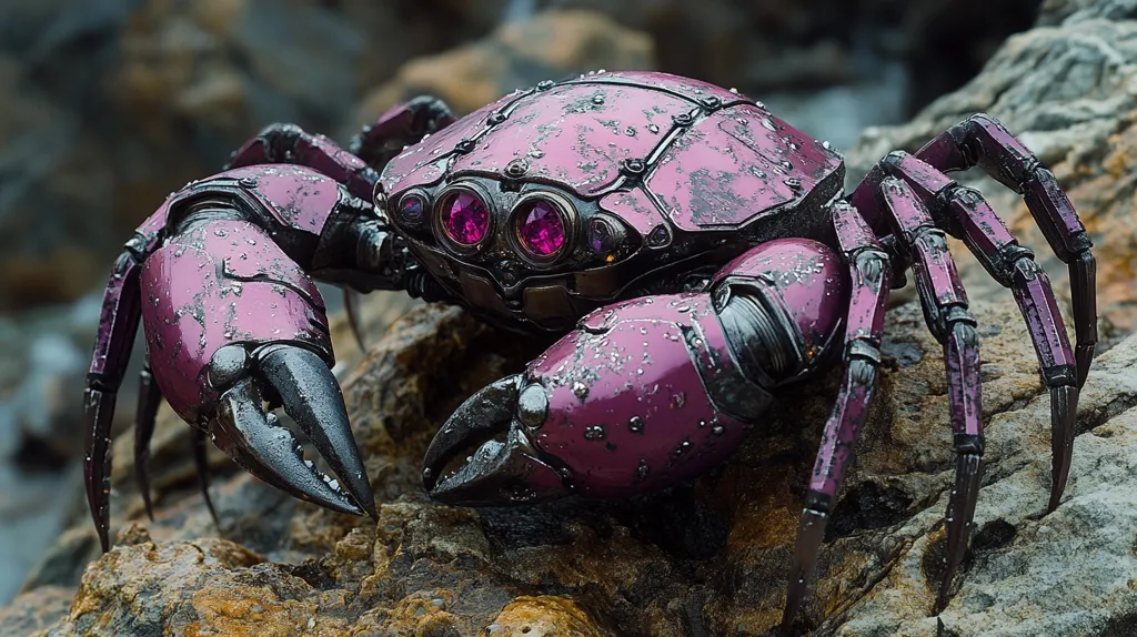 A robotic crab, crafted from metal and painted a deep purple, sits on a rocky surface. Its metallic shell gleams, and its large, black claws are poised to strike. Its eyes are bright crimson, reflecting the light in a mesmerizing way. The crab appears powerful and intimidating, a fusion of nature and technology.