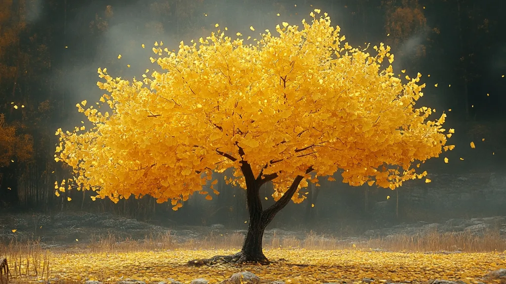 A solitary tree with vibrant yellow leaves stands majestically in a misty clearing. The golden foliage creates a striking contrast against the dark, shadowy background.  Leaves dance in the air, creating a sense of movement and ethereal beauty. The scene evokes a feeling of tranquility and the passing of autumn.