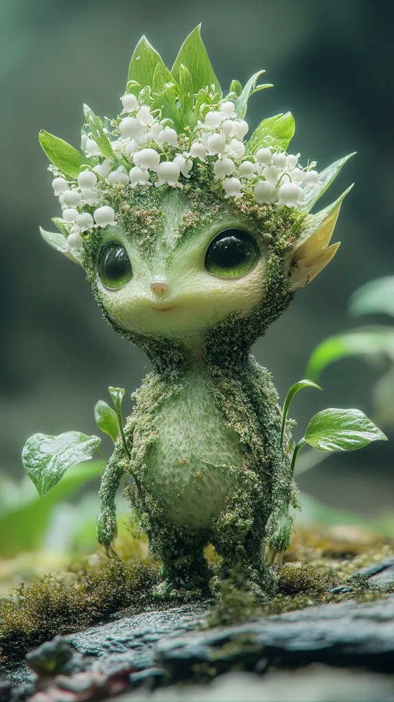 A whimsical, small creature made entirely of green leaves and white flowers stands on a mossy log. Its large, green eyes are wide and innocent, and its body is covered in a delicate layer of moss. It has pointed ears and a small, delicate nose. The creature's head is crowned with a wreath of white flowers.  The image is a blend of the natural and the fantastical.