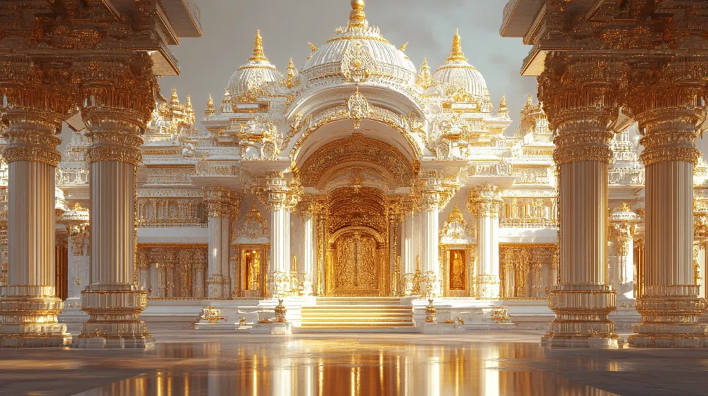 The image shows a magnificent, intricately detailed temple adorned with gold accents. The structure is a testament to craftsmanship, featuring towering pillars, ornate arches, and a grand entranceway. The golden details and white marble create a striking visual contrast, making the temple look opulent and majestic. The sunlight reflecting off the polished surfaces adds to the ethereal beauty of the scene.