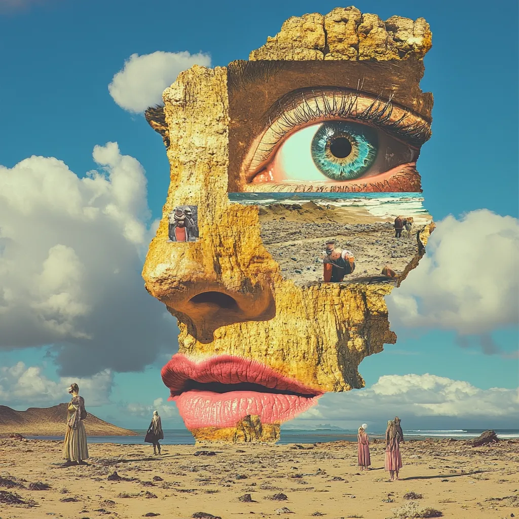 A large, fragmented rock formation in the shape of a woman's face with a blue eye, pink lips and a sandy nose. The rock face is embedded with images of other people, landscapes and a seaside scene. The rock formation is situated on a sandy beach with a blue sky above. Three figures stand in the foreground, looking out at the rock face.  The image evokes a feeling of wonder and the surreal.