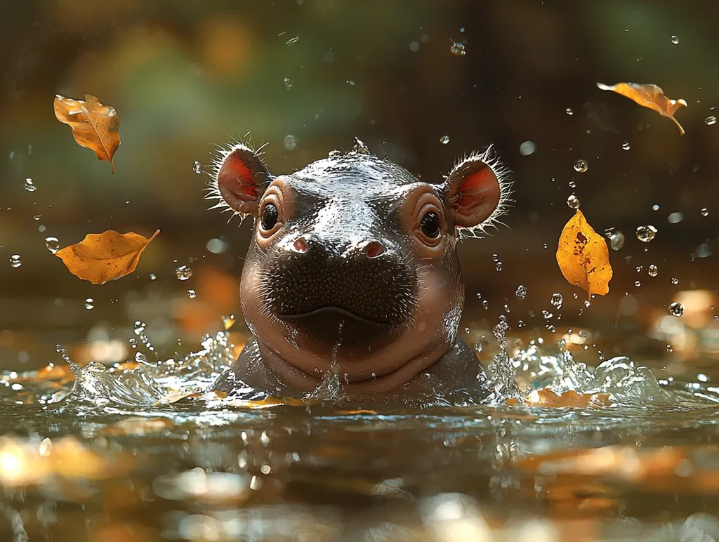 A baby hippopotamus swims in a pond with water splashing around it.  The hippopotamus has a wet, wrinkly face and is looking at the camera. There are fall leaves floating on the water and in the air. The scene is taken in a natural setting with a blurred green background.