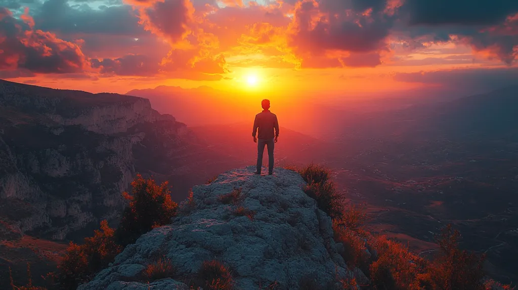 A lone figure stands on a rocky precipice, silhouetted against a fiery sunset. The sky is ablaze with orange and red hues, casting long shadows over the vast, mountainous landscape below. The sun, a bright orb in the distance, illuminates the clouds with a golden glow. The scene evokes a sense of awe and wonder, as the man stands in contemplation of the breathtaking beauty surrounding him.