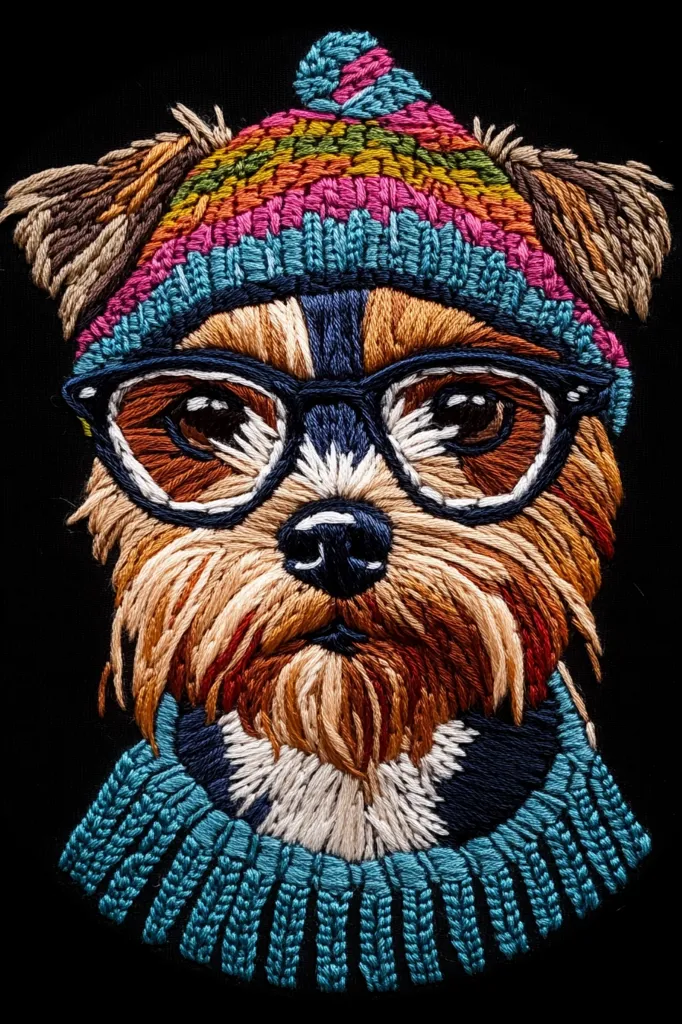 A detailed embroidery of a dog wearing a colorful knitted hat and round glasses. The dog's fur is a mix of brown and white, and the hat has stripes of pink, blue, green, and orange. The dog's eyes are looking directly at the viewer, and the embroidery is done in a realistic style. The dog is wearing a blue scarf with a fringe around the bottom.