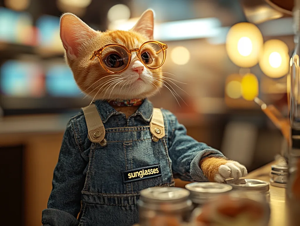 A ginger cat with round glasses is dressed in blue overalls with a "sunglasses" patch. It has a serious expression and is standing behind a counter with jars of what appears to be coffee beans. The cat's fur is soft and fluffy, and its eyes are bright and alert.  The warm lighting creates a cozy atmosphere.