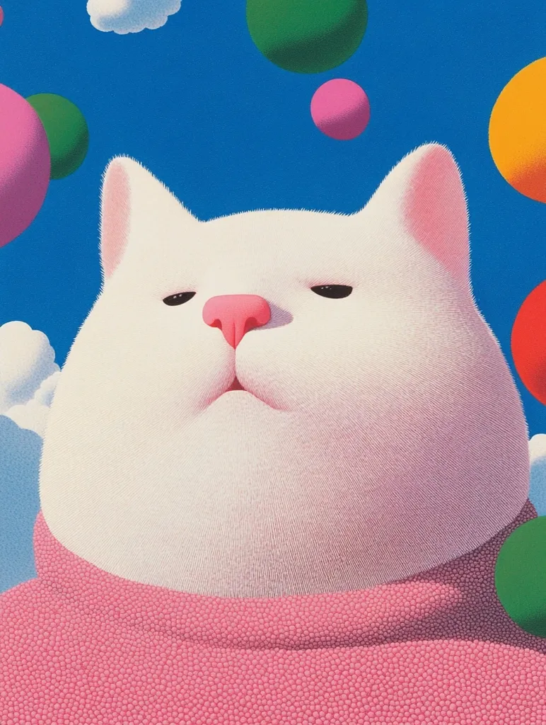 The image features a large, white cat wearing a pink sweater. The cat has a very round face and its eyes are closed. The background is a vibrant blue, with a variety of colored spheres scattered around the cat. The spheres are in shades of pink, green, yellow, and red. The cat appears to be relaxed and content. The image is drawn in a cartoonish, stylized manner.