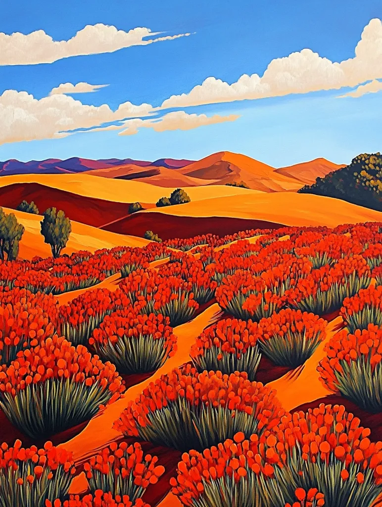 A vibrant landscape painting depicting a field of orange flowers in full bloom. The flowers are clustered together in rows, creating a colorful and textured pattern against the warm, orange earth. In the background, rolling hills and a clear blue sky with fluffy white clouds complete the scene. The painting evokes a sense of peaceful beauty and tranquility.
