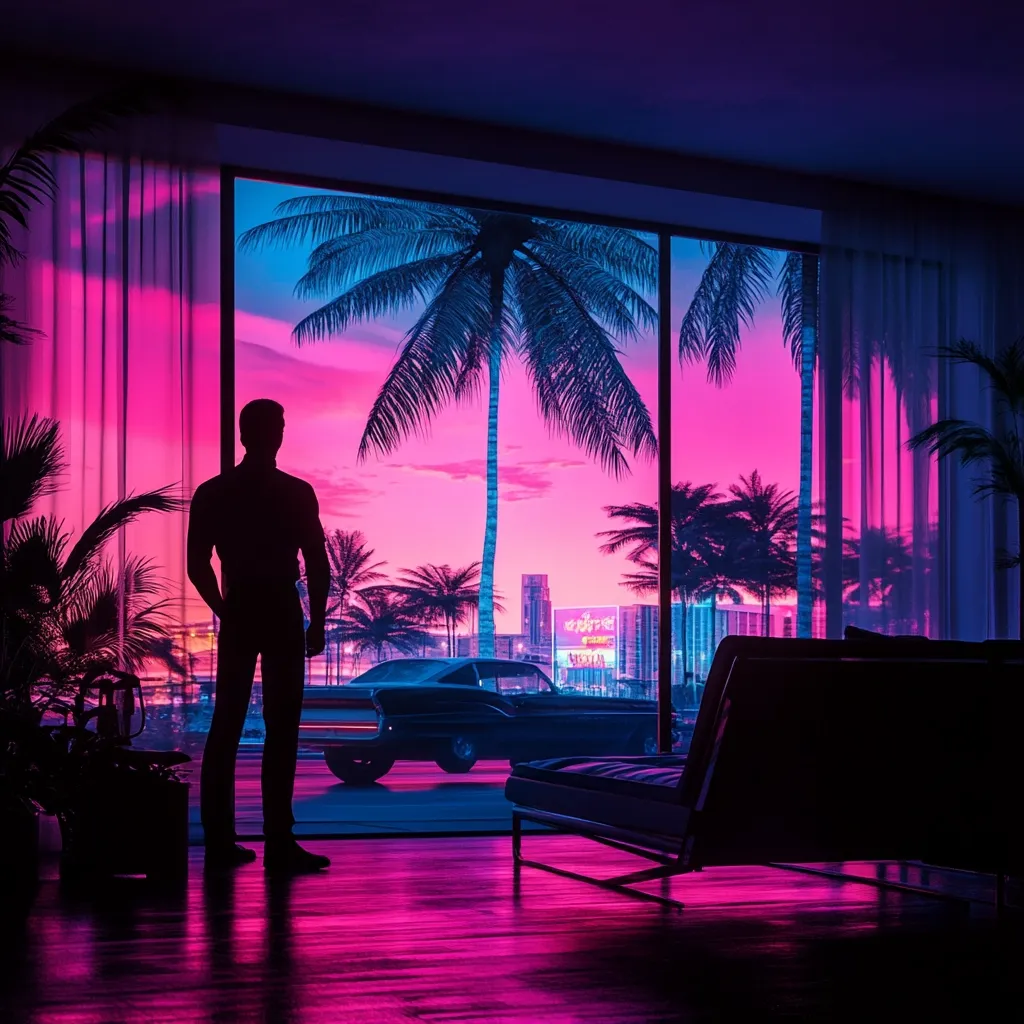 A man stands silhouetted in a modern, brightly lit living room, gazing out at a vibrant neon-soaked cityscape. Palm trees sway against a pink and purple sunset. A sleek, black car is parked on the street outside, adding to the retro-futuristic aesthetic. The room's interior features a black couch and a minimalist, sleek design. The image evokes a sense of cool detachment and a longing for escape.