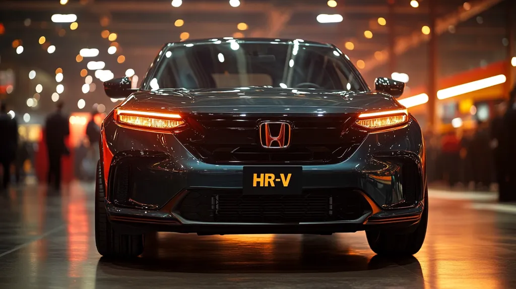 A sleek, dark-colored Honda HR-V SUV is showcased in an indoor setting, its front grille prominently displaying the Honda logo and the "HR-V" model designation. The car's sleek lines and sharp headlights are highlighted by the warm glow of ambient lighting, creating a sophisticated and inviting atmosphere. The blurry background suggests a bustling environment, possibly a car dealership or a showroom. The car is positioned center frame, capturing the viewer's attention and showcasing its design.