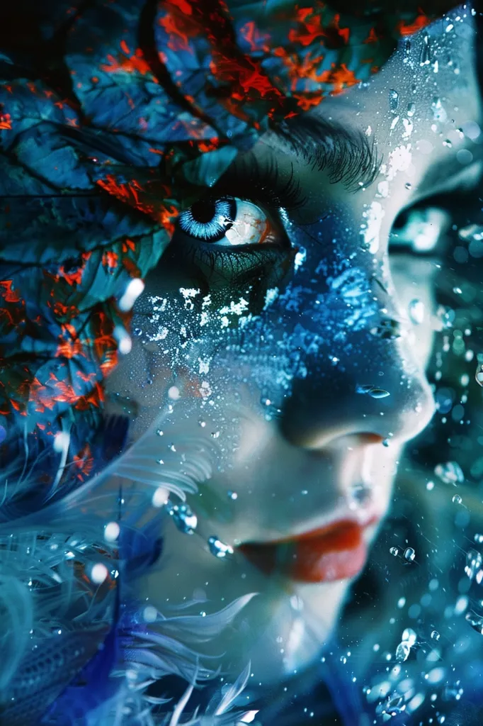 A close-up of a woman's face, partially obscured by a blue and red  foliage,  with a single eye looking directly at the viewer, surrounded by  water droplets.  The overall effect is dreamlike and surreal, evoking a sense of underwater beauty.  The woman's lips are painted a vibrant red.
