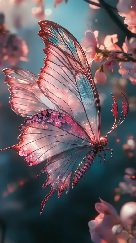The image shows a delicate butterfly with translucent wings adorned with pink and blue hues. The wings are intricately patterned, resembling stained glass. The butterfly is perched on a branch of a flowering tree, its wings gently fluttering.  The background is a blur of pink blossoms and soft green foliage, creating a dreamy and ethereal atmosphere. The butterfly's delicate beauty and the vibrant colors of the flowers create a captivating visual harmony.