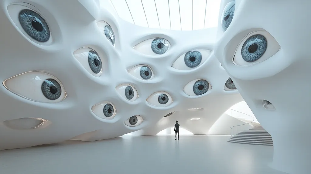 The image depicts a futuristic, white, and sterile interior space. The walls are covered in large, protruding eyeballs, creating an unsettling and surreal atmosphere. A lone figure stands in the center of the room, dwarfed by the vastness of the space and the multitude of eyes. The image suggests themes of surveillance, alienation, and the potential for being watched.