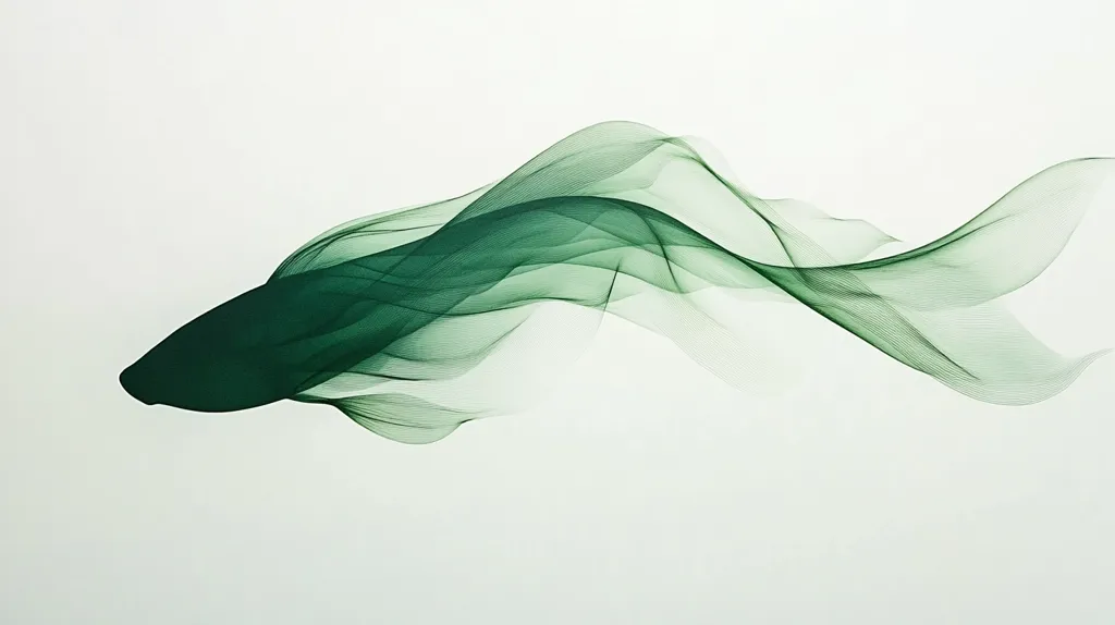 The image shows a green abstract shape, resembling a fish, formed from flowing lines and curves. The shape is translucent, with a slight gradient from dark to light green. It appears to be floating or swimming against a white background. The image conveys a sense of movement, grace, and fluidity.  It's a minimalist artwork, emphasizing the form and its interaction with the background.