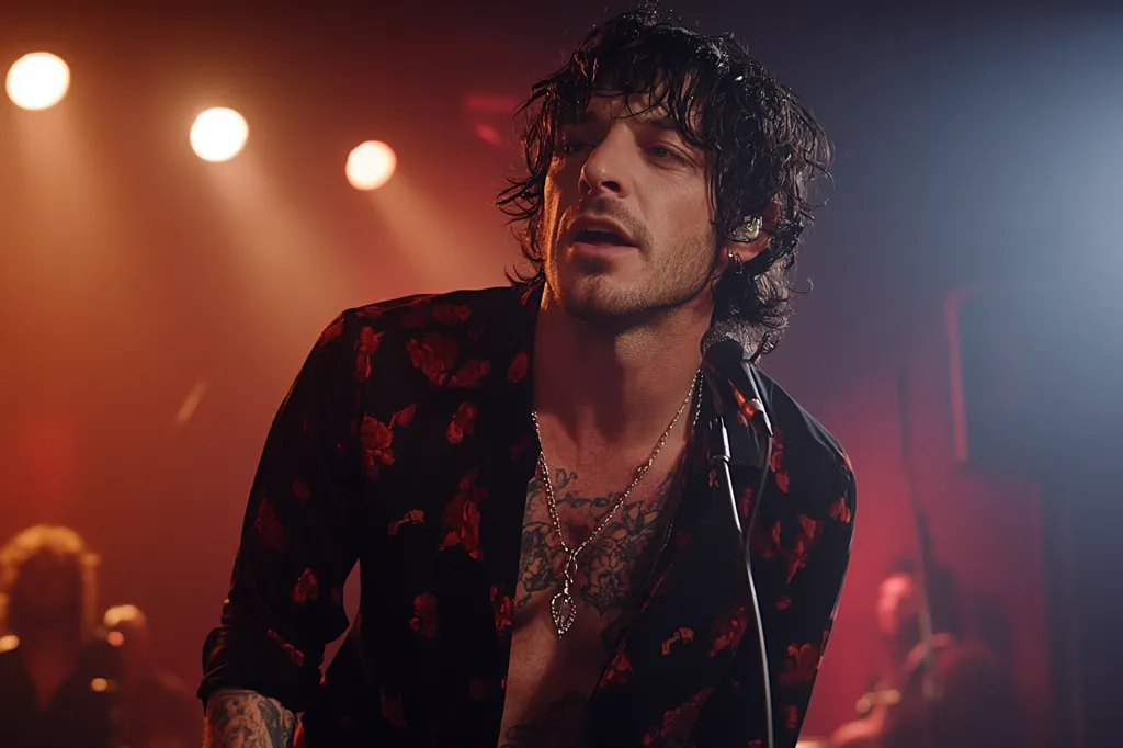 A male singer, wearing a black shirt with red floral patterns and a silver chain necklace, sings into a microphone on stage. He has dark hair and a goatee, and he's looking up and to the left. The stage is lit with spotlights, and there's a blurry figure in the background. The overall tone of the image is dark and moody.  The singer appears to be in the middle of a performance.  The image is a close-up.