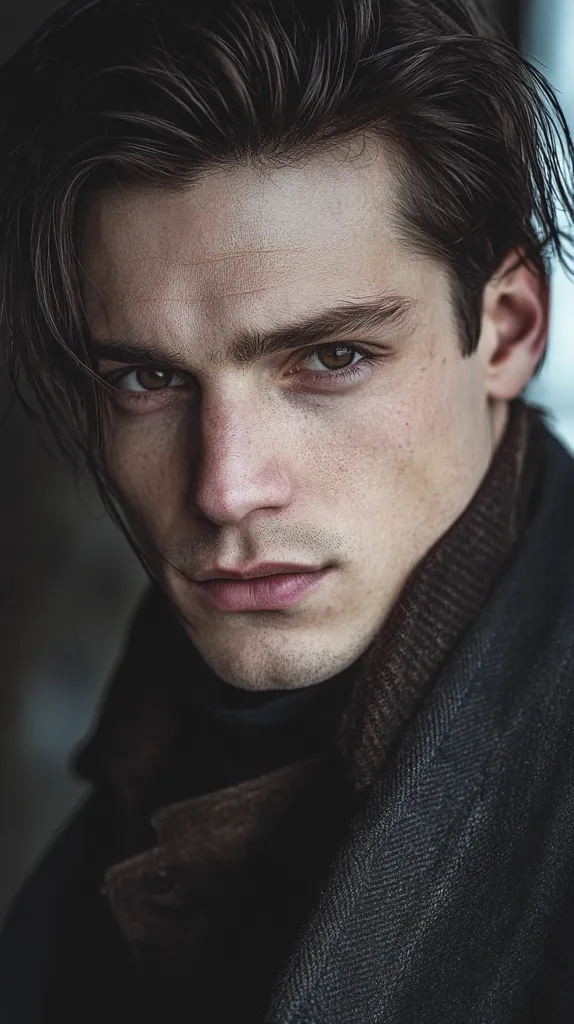A young man with dark hair, slicked back, stares intensely at the camera. His eyes are a piercing blue, and his expression is serious. He is dressed in a dark coat, and the image is shot in a moody, low-light setting. His face is close to the camera, capturing every detail of his features. The image evokes a sense of mystery and intrigue.