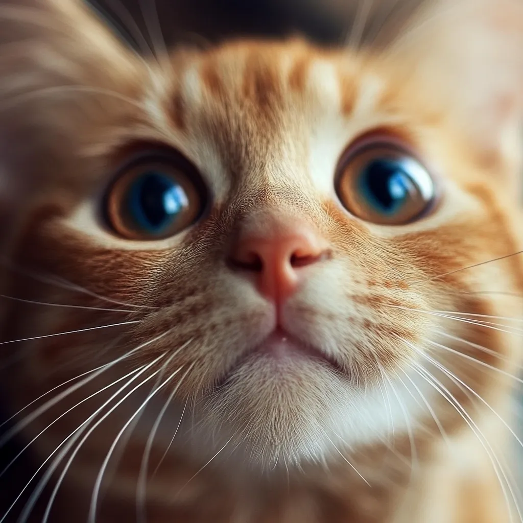 A close-up of a ginger cat's face, with its large, round blue eyes wide open and its mouth slightly parted. The cat's whiskers are visible and its fur is soft and fluffy. The focus is on the cat's face, capturing its curious expression.