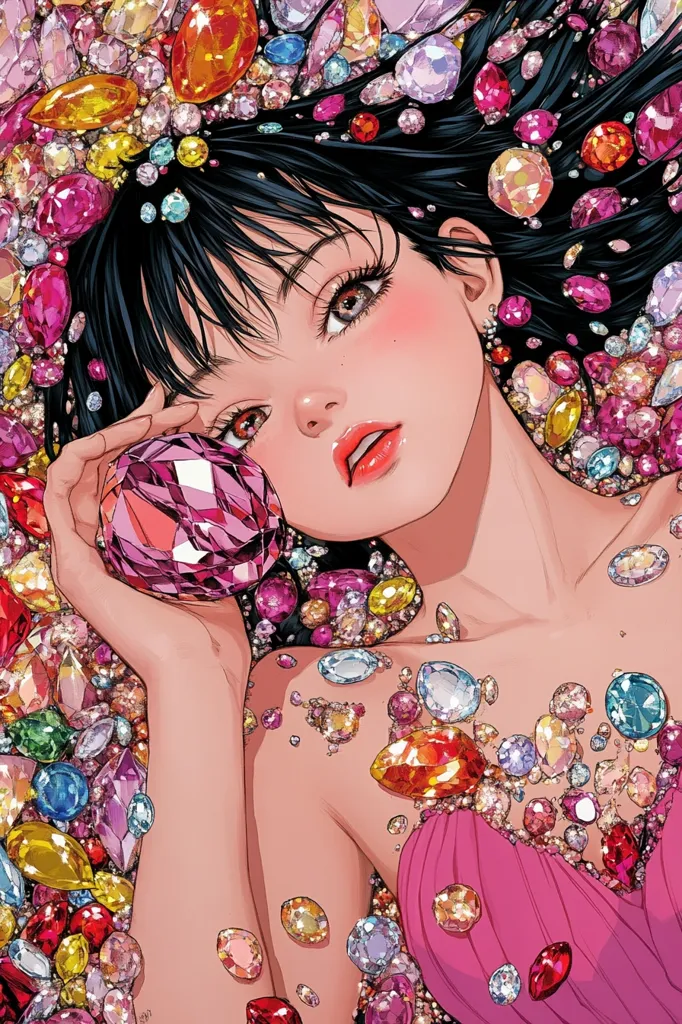 The image is of a young woman with long black hair, surrounded by a sea of colorful gems. Her eyes are closed and she is holding a large pink gem in her hand. She is wearing a pink dress. The image is drawn in a style that is both realistic and whimsical. The background is a jumble of colorful jewels, some of which are scattered around her. The image evokes a sense of beauty, luxury, and fantasy.