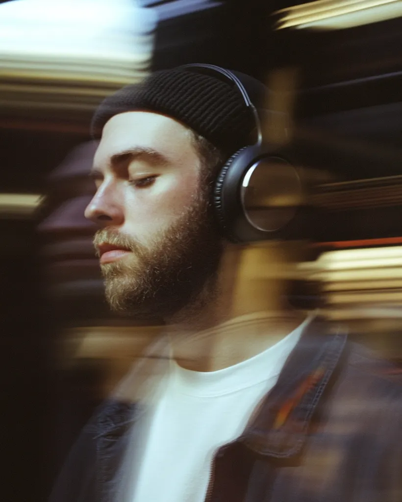 A man with a beard and a black beanie is wearing headphones while looking to the side. He is wearing a white t-shirt and a dark jacket. The background is blurred and appears to be a train station. The man's expression is serious and contemplative. The image has a moody and atmospheric quality.  The motion blur in the background adds to the sense of movement and energy.