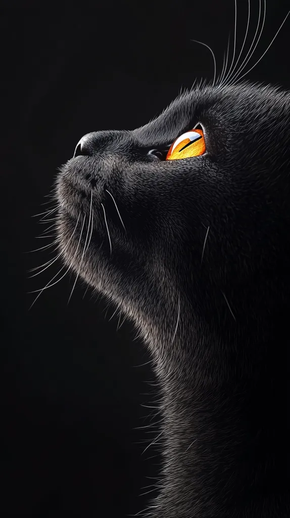 A close-up of a black cat's face against a dark background. The cat's eye, with a bright orange iris, shines against the darkness, and the cat's whiskers are visible, giving the image a mysterious and captivating feel. The soft, black fur of the cat is highlighted by the contrast with the darkness, creating a striking visual.