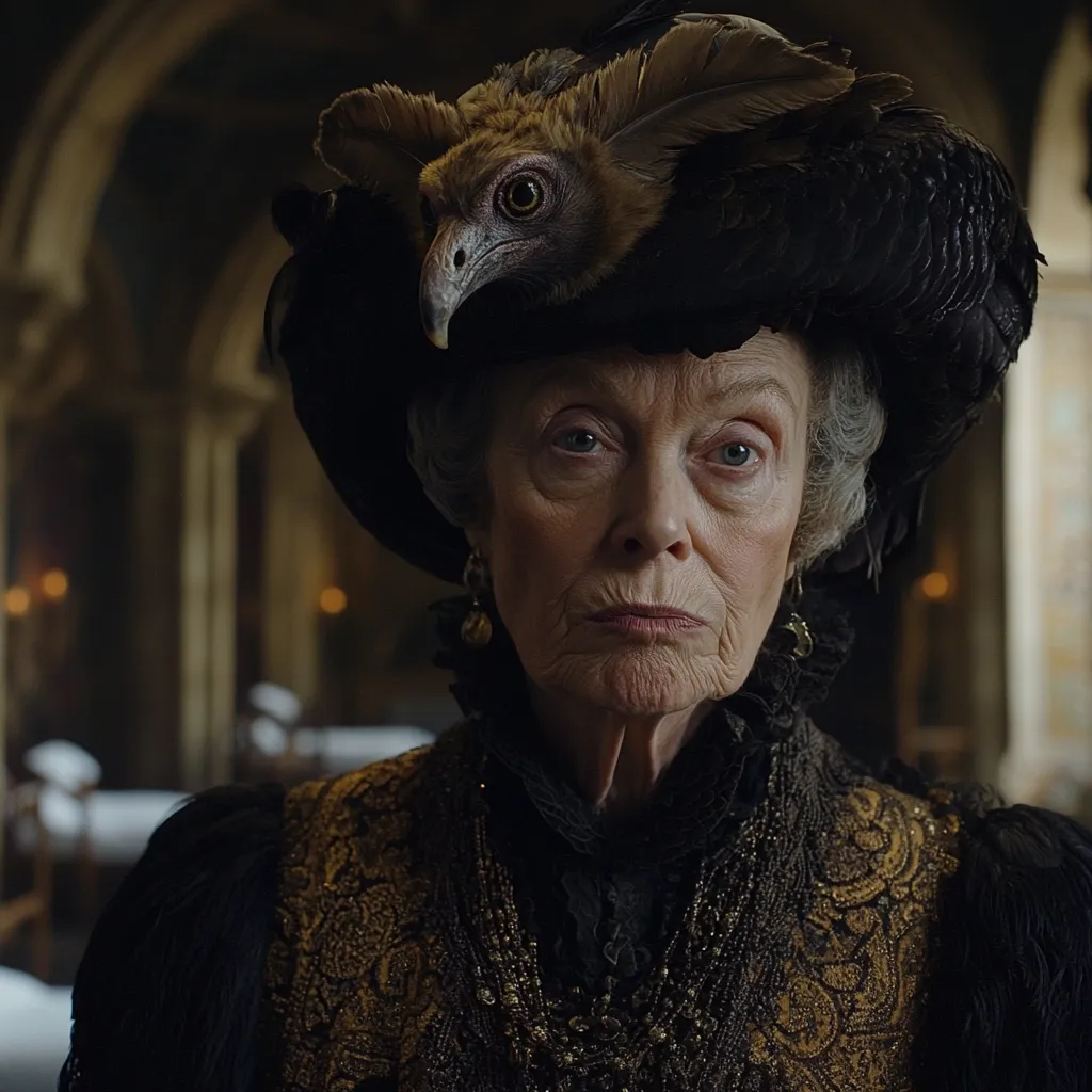 An elderly woman with white hair is wearing a large black hat adorned with a taxidermied vulture. She has a stern expression on her face, her eyes piercing. She is dressed in a black and gold patterned dress, and her attire suggests a gothic or Victorian aesthetic. The backdrop is a dimly lit interior, likely a grand house or castle. The image evokes a sense of mystery and intrigue.