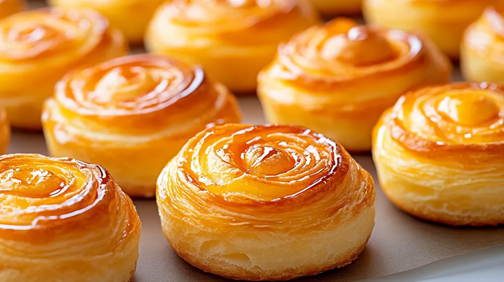A close-up shot of a group of golden-brown, glazed pastries. The pastries are arranged in rows on a parchment paper surface, with the focus on a single pastry in the foreground. The pastry's center is a swirl of golden glaze, surrounded by flaky layers of dough. The image captures the sweet, inviting nature of the pastries.