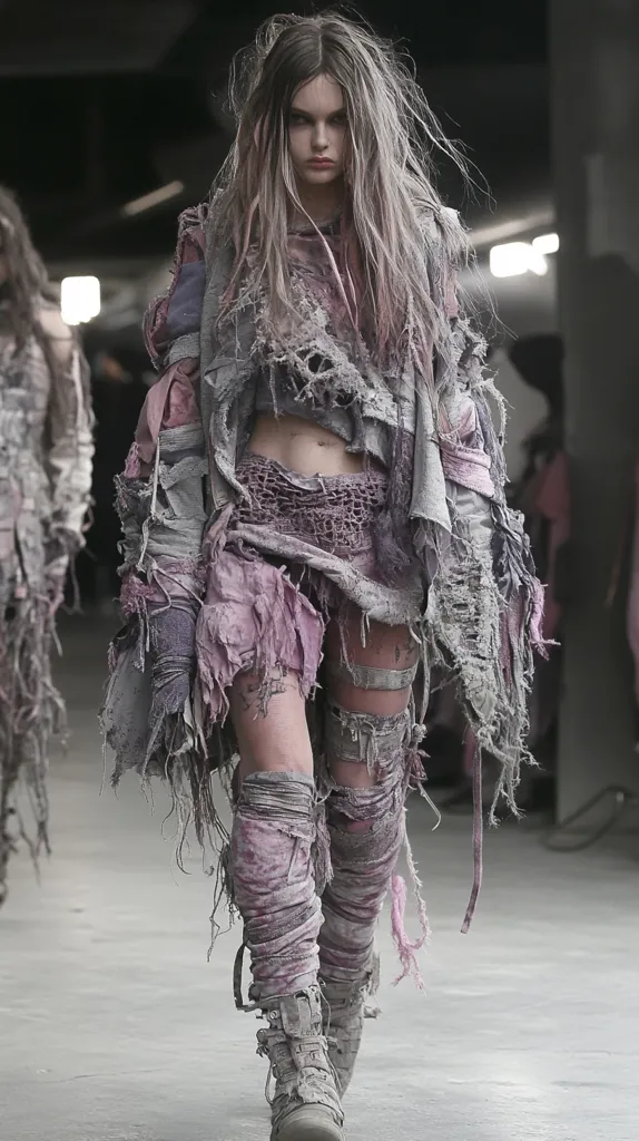 A young woman with long, gray hair is wearing a ragged, tattered outfit that appears to be made of various layers of fabric. The outfit is mostly gray and pink, and it is very distressed, giving the impression that it has been worn and torn for a long time. The woman is looking directly at the camera with a serious expression on her face.  She is wearing heavy boots and her legs are covered in the same distressed fabric. She appears to be walking. The image has a dark, gritty aesthetic.