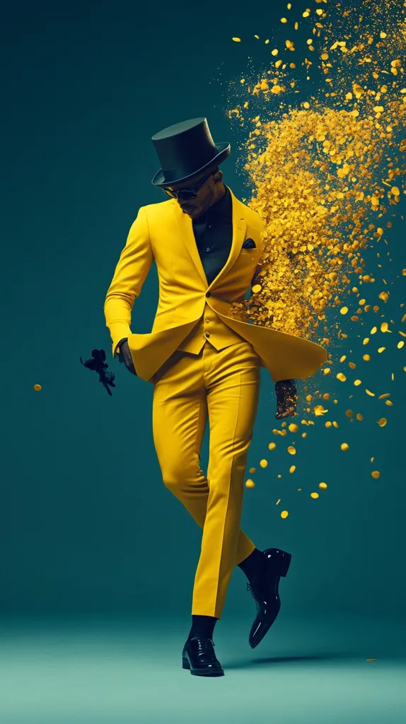 A man in a bright yellow suit and a black top hat stands with one leg raised and a shoe pointed out, against a teal blue background. He is surrounded by falling yellow confetti, which adds a vibrant and celebratory feel to the image. The pose and the confetti suggest a sense of movement and joy. The man’s expression is not visible, leaving the viewer to imagine his emotions.