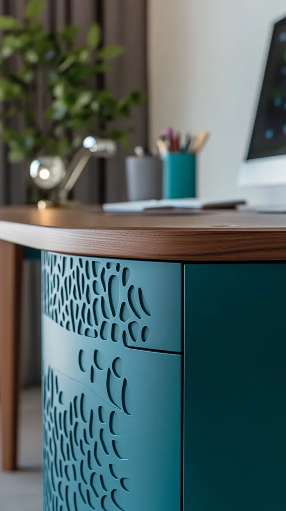 A close-up shot of a teal cabinet with an intricate, cutout pattern. The cabinet has a wooden top and is part of a desk. The cabinet is in focus, while the desk's background, including a plant and a computer monitor, is blurred. The image captures the detail and texture of the cabinet's design.