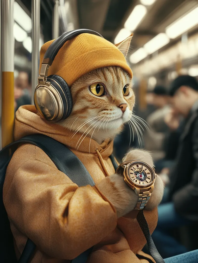A cat wearing a yellow beanie and headphones sits on a subway, checking the time on a gold watch. The cat's face is calm, and the environment is filled with the soft glow of the train's lights. The image captures a moment of quiet reflection amidst the bustling city commute.
