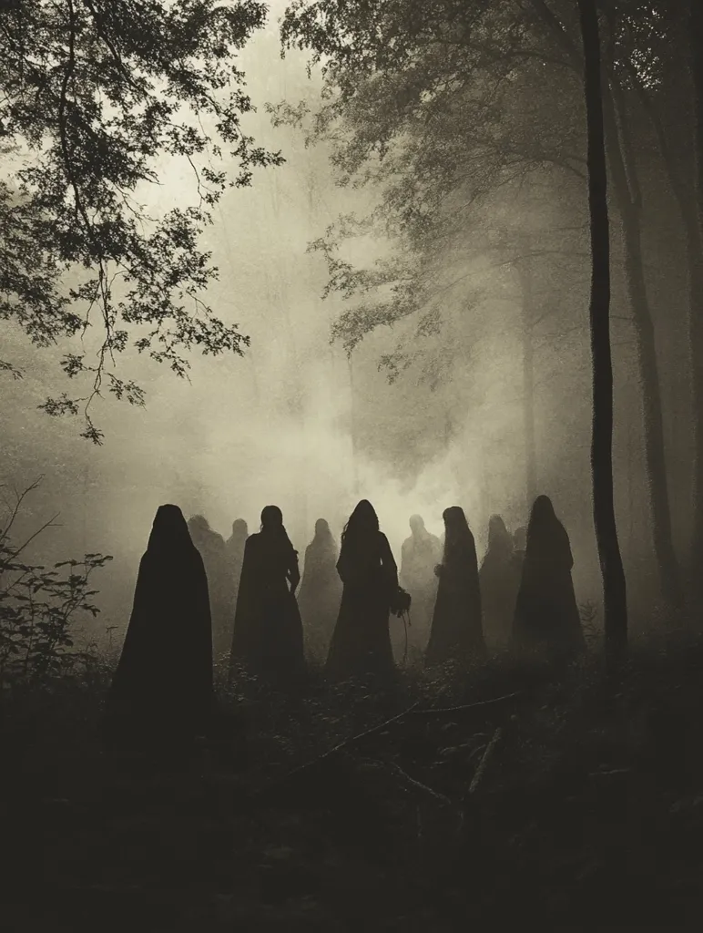 A group of cloaked figures stand in a dark and misty forest. The figures are silhouetted against the hazy background, creating a sense of mystery and intrigue. The tall trees surrounding the group create a sense of isolation and seclusion. The scene is ominous and suggestive of something supernatural or forbidden.