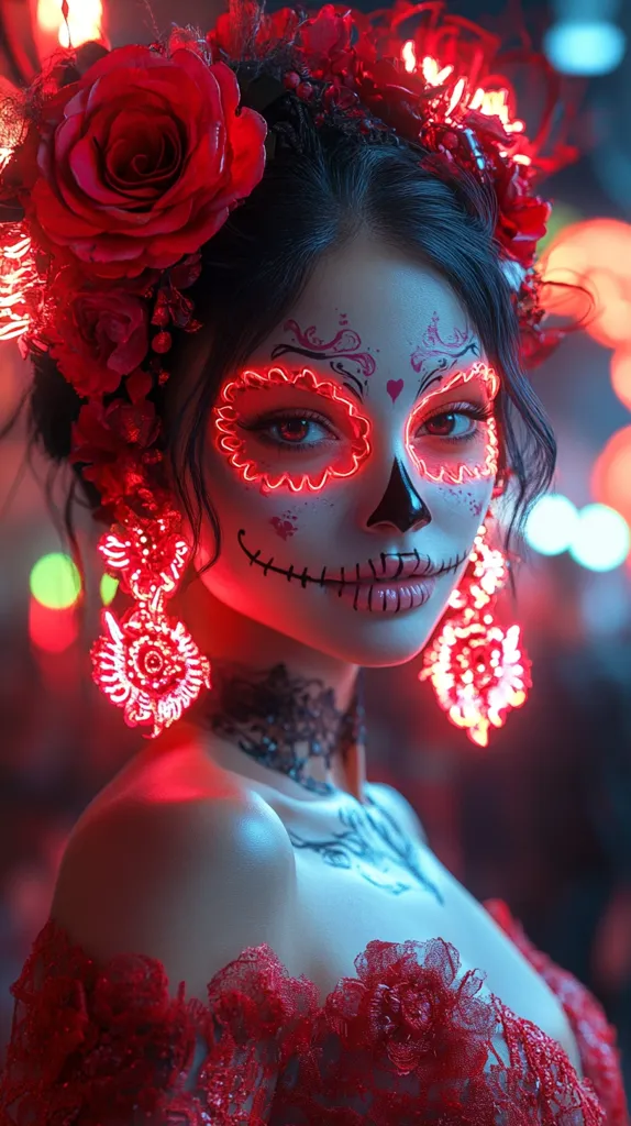 A woman with dark hair and a red rose crown is adorned with a neon red skull makeup design, giving her a spooky and alluring appearance. She wears a black lace choker and a flowing red lace dress. The background features a hazy blur of red and blue lights, creating a dramatic and mysterious atmosphere. The overall effect is one of seductive darkness and mystical beauty.